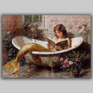 Mermaid Art Print Whimsical Bathroom Decor Girl Reading in Bathtub Gold Tail Fantasy Wall Art Victorian Siren Gift Quirky Home Spa y78