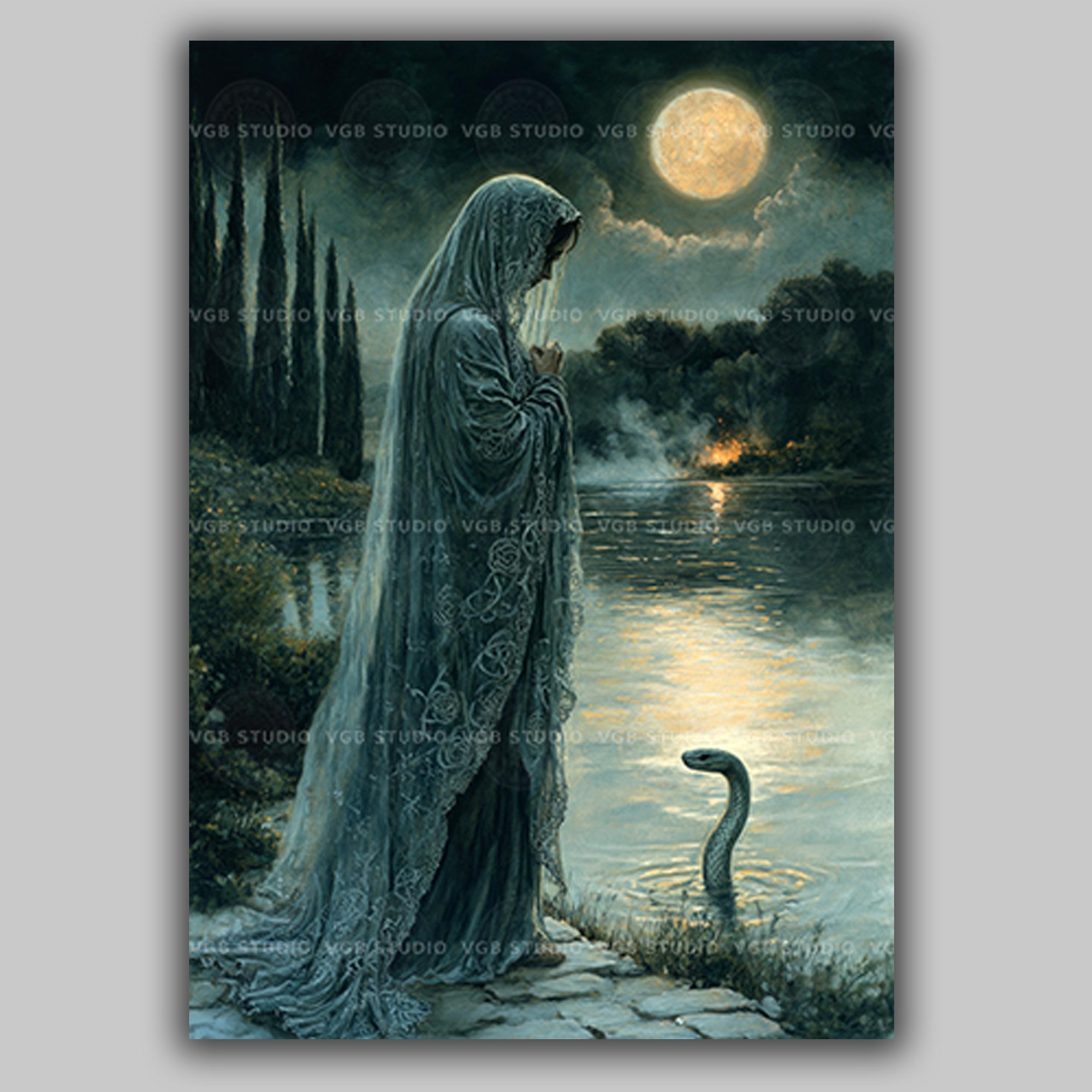 Sirona Celtic Healing Goddess Art Print, Veiled Snake Priestess by