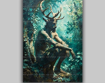 Cernunnos Impresión artística impresionista para pared Dios celta con cuernos Bosque veraniego exuberante Deidad con astas Hombre verde Espíritu de la naturaleza Decoración K51