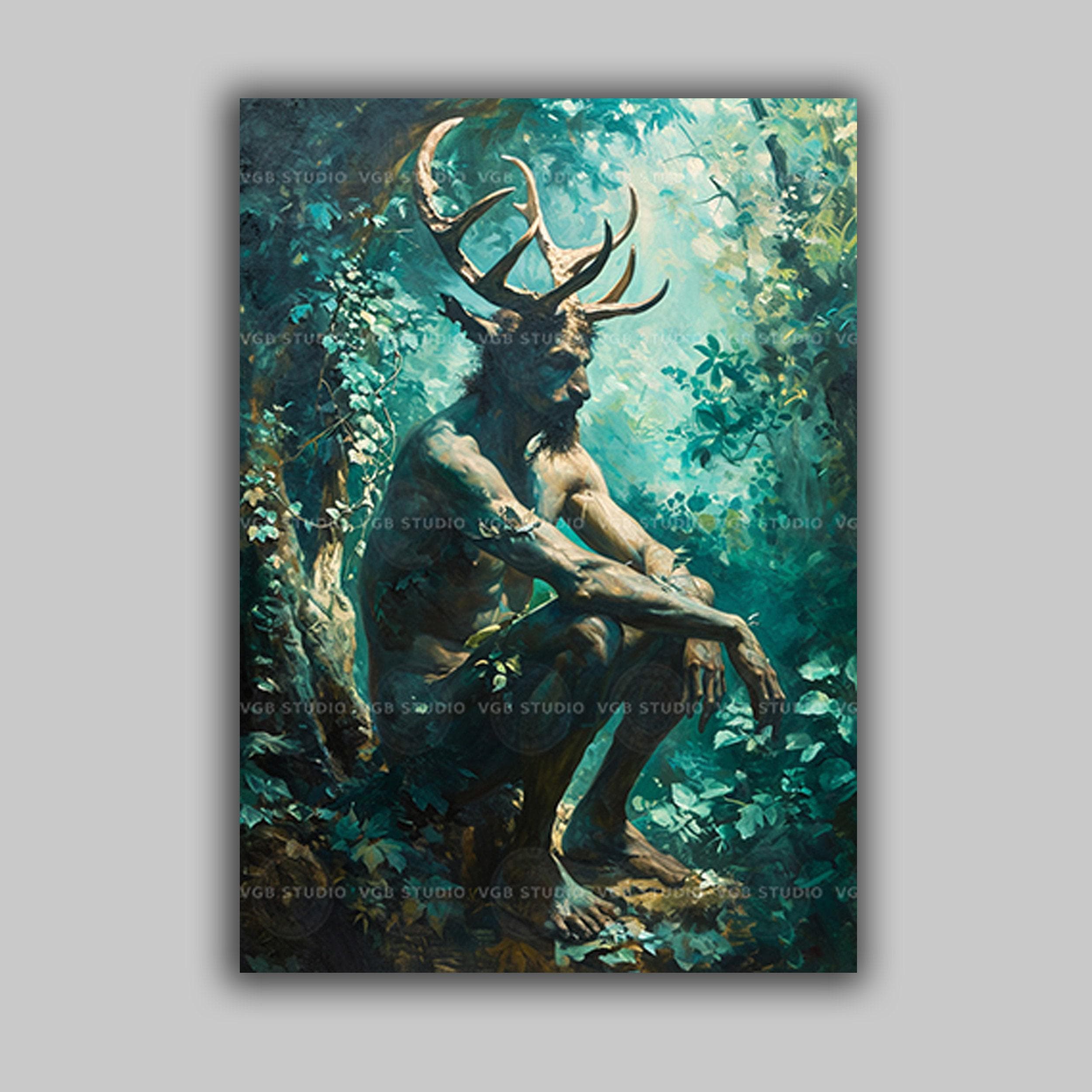 絵画 NAZE - He is the god of the forest Cernunnos Impressionist Wall Art Print Celtic Horned God Verdant