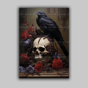 Impresión de cuervo gótico sobre calavera, póster de cuervo victoriano, arte de Dark Academy, ilustración gótica, obra de arte clásica barroca, impresión de bellas artes, D61