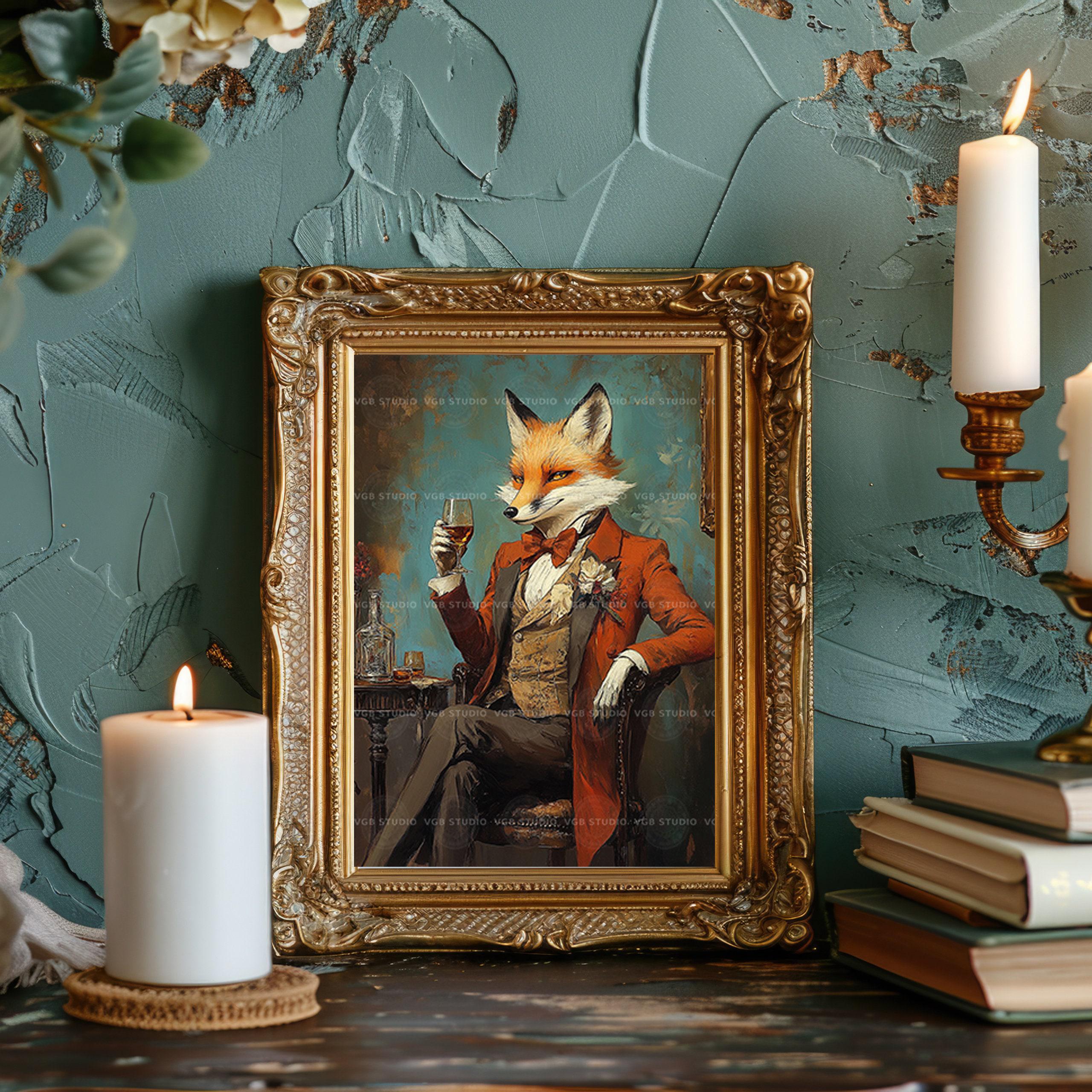 Fox Portrait With Wine Glass Art Print | Victorian Gentleman