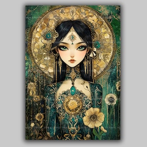 Die grüne Tara Kunst-Druck Buddhistische Göttin Wand Dekor Göttlich Feminine Tibetische Gottheit mit Lotus Mandala Spirituelles Smaragd Grün Poster AH21