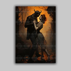 Satyr Maiden Dance muur kunst mythische liefhebbers poster donkere romantiek decor gehoornde God fantasie schilderij humeurig oranje zwart G39