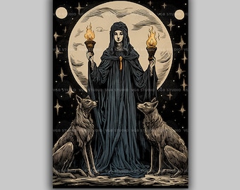 Grafika artystyczna Hekate | Grecka bogini z pochodniami i wilkami, księżyc i gwiazdy | Mityczna dekoracja ścienna: potrójna bogini czarów o mrocznym kobiecym charakterze | h24