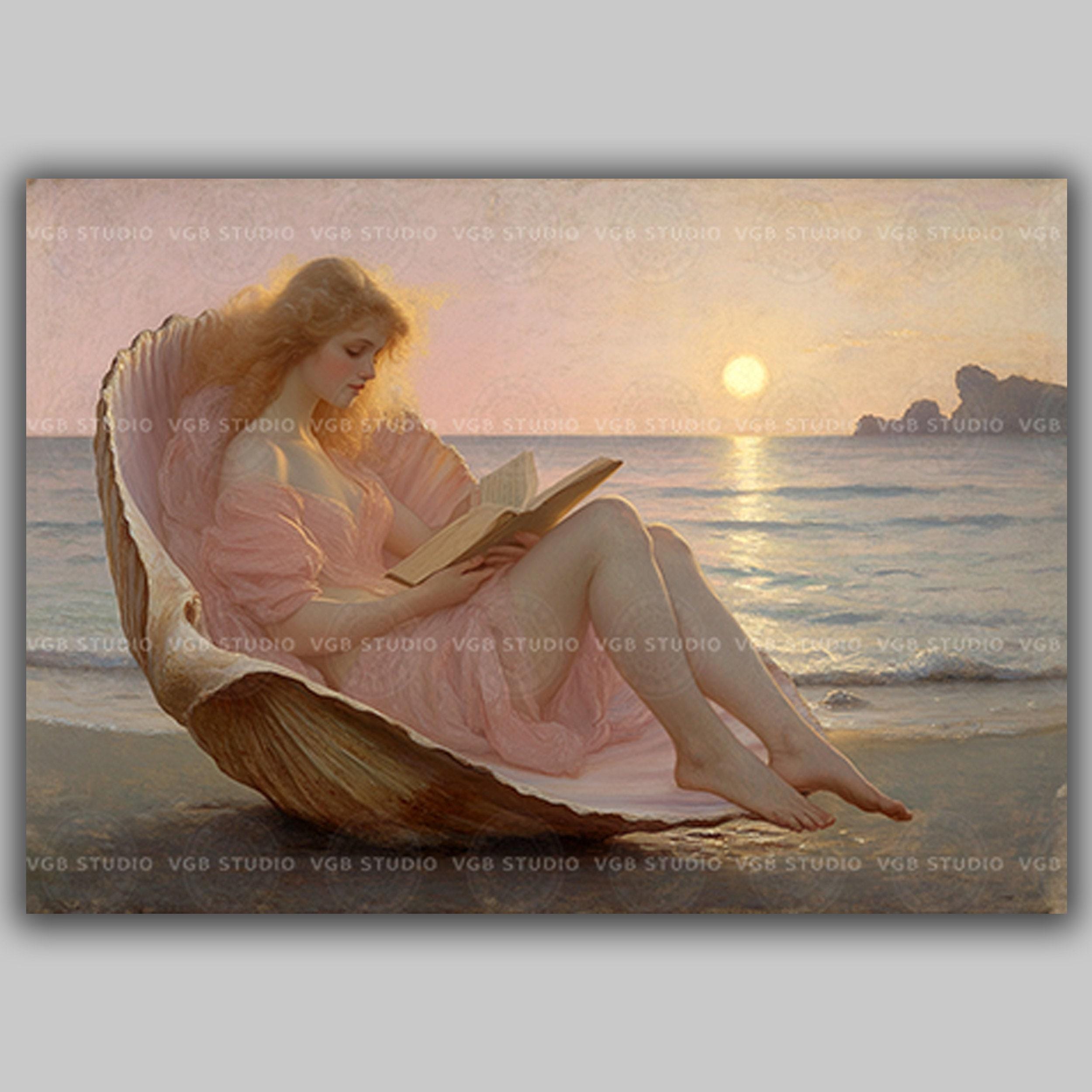 アフロディーテの貝殻ウォールアートプリント、読書をする女性の