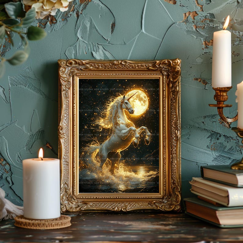 May include: A framed artwork depicts a white unicorn rearing up in front of a full moon. The artwork is in a gold ornate frame. The unicorn and moon glow with a golden light, set against a dark starry background. A lit candle sits in front of the artwork.