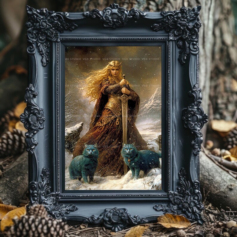 Freya, Freyja, nordische Göttin der Liebe, Krieg und Magie, Wikinger Mythologie, blaue Katzen, Winter-Schnee-Szene, heidnischer Altar-Dekor ac12 Bild 5