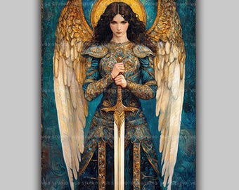 Warrior Angel Art Print, Female Archangel in Blue and Gold Armor Holding a Sword, Byzantine Icon Style Christian Memorial Wall Decor AN43