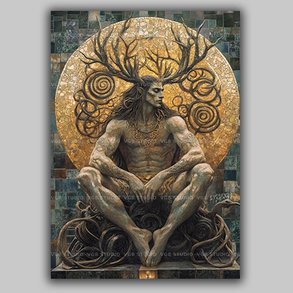 Cernunnos, celtycki rogaty bóg natury, zwierzęta, płodność i bogactwo z porożem i wężem, pogańska mitologia, wydruk artystyczny fantasy AJ72