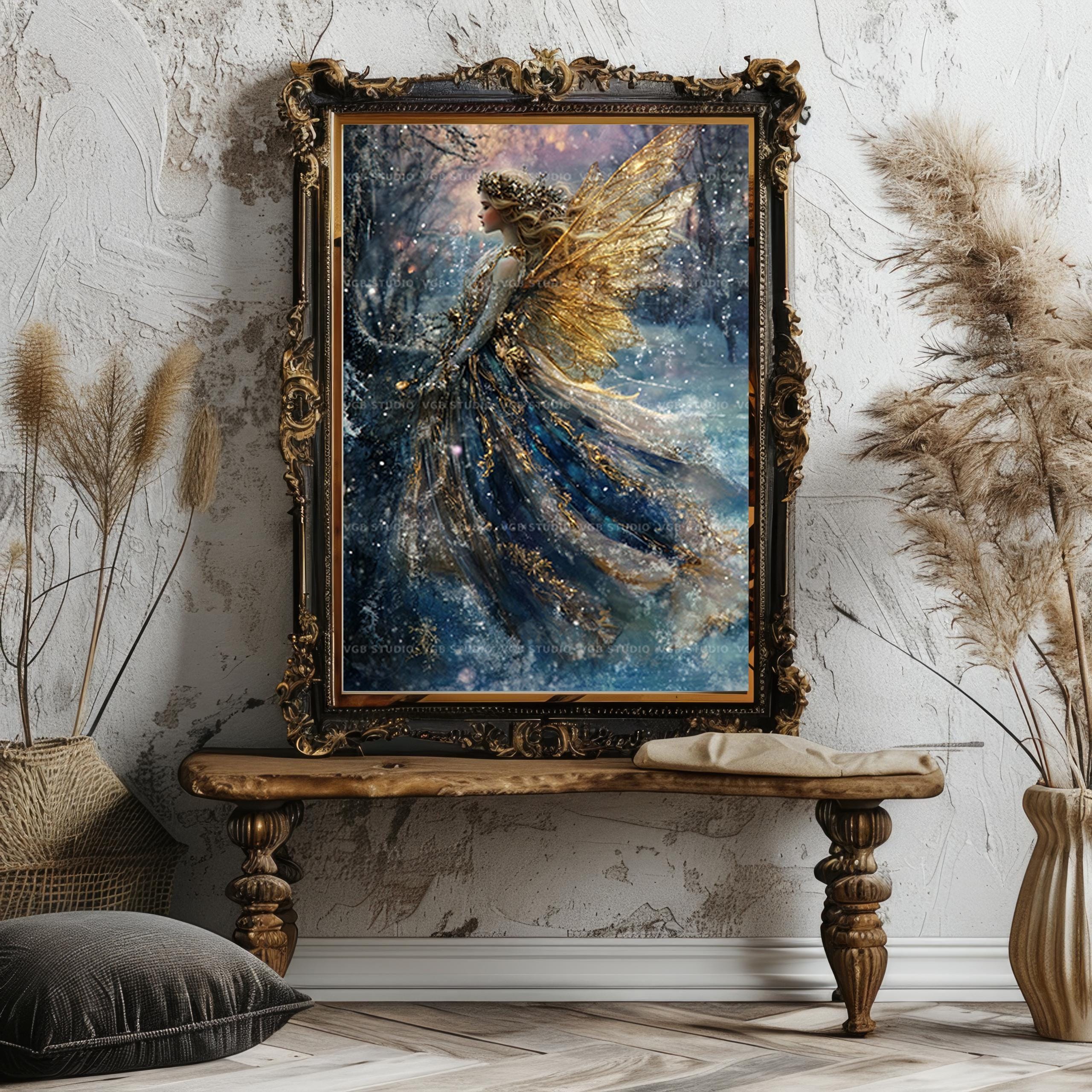 Winter Fairy Art Print Golden Wings Snow Queen Fantasy Wall Decor ...