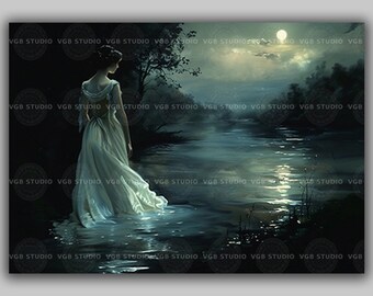 Moonlit Woman in Water Wall Art Print Dark Romantic River Landscape White Gown Pre Raphaelite Gothic Nocturne Ethereal Feminine M59