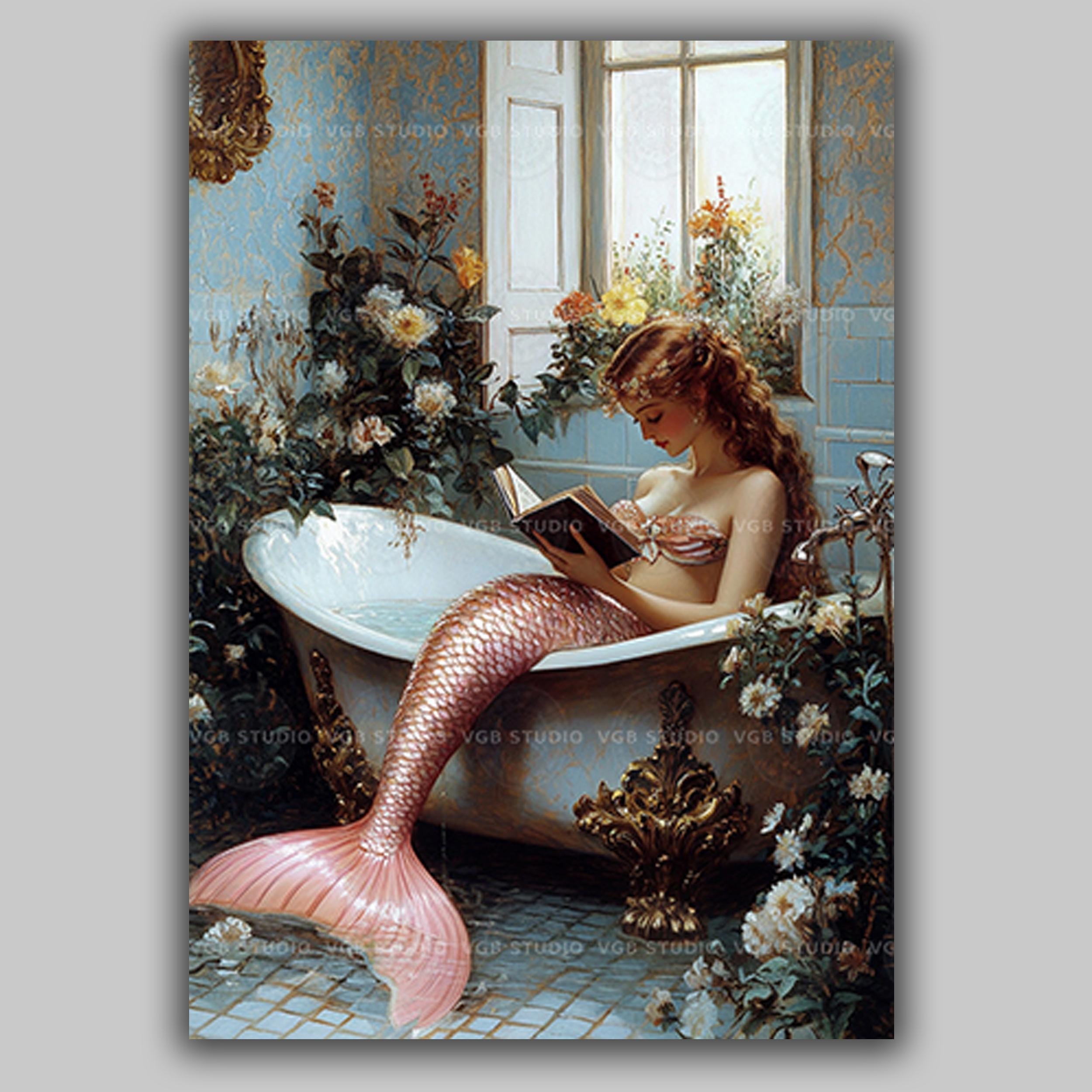 Mermaid Reading in Victorian Bathtub With Flowers Art, Cozy Bathroom Decor, Romantic Fantasy Print, Dreamy Floral Decor for Book Lovers y77