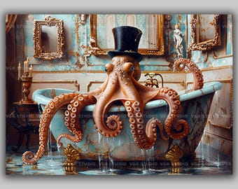 Top Hat Octopus Gentleman Bathroom Art Print, Whimsical Baroque Painting Wall Art Poster, Marine Life Ocean Art, Octopus Taking a Bath L54