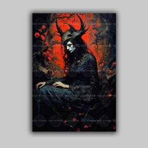 Lilith Wall Art Print, Dunkle Göttin Portrait, Gothic Okkultes Dekor, Gehörnte Königin Fantasy Poster, Rot Schwarz Witchy Schlafzimmer Ästhetik E72