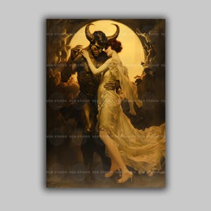 Impresión artística de fantasía oscura de demonio y mujer, romance gótico, mitología surrealista, obra de arte, luna encantada, baile nocturno, amantes del ocultismo, decoración de pared D25A imagen 1