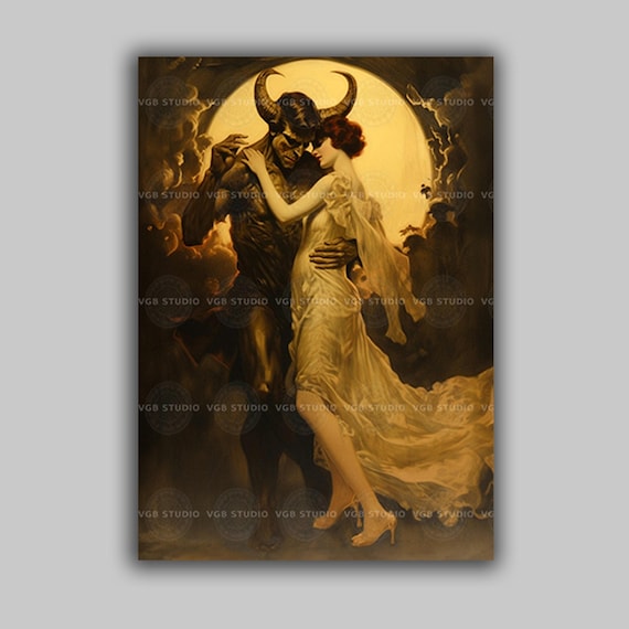Demon and Woman Dark Fantasy art Print Gothic Romance Surreal Mythology Artwork Enchanted Moon Night Dance Occult Lovers Wall Decor D25A