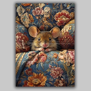 Süße Maus Kunstdruck Wunderliche Tier Wand Dekor Cottagecore Mäuse Illustration Floral Tapisserie Stil Wald Kreatur Landhaus Kunst y11