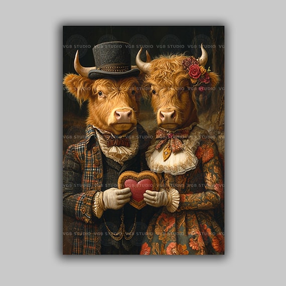 Stampa Su Tela Mucca Highland Con Ghirlanda - Quadro Rustico Country Per Arredo Parete 40x61cm - 4