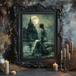 Full Moon Castle Wall Art Print, Dark Academia Poster, Victorian Goth, Moody Home Decor, Fantasy Gifts, Spooky Aesthetic, Medieval Lady M58 image 7