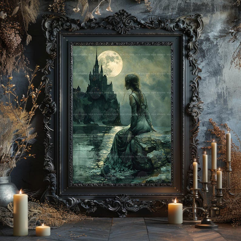 Full Moon Castle Wall Art Print, Dark Academia Poster, Victorian Goth, Moody Home Decor, Fantasy Gifts, Spooky Aesthetic, Medieval Lady M58 image 7