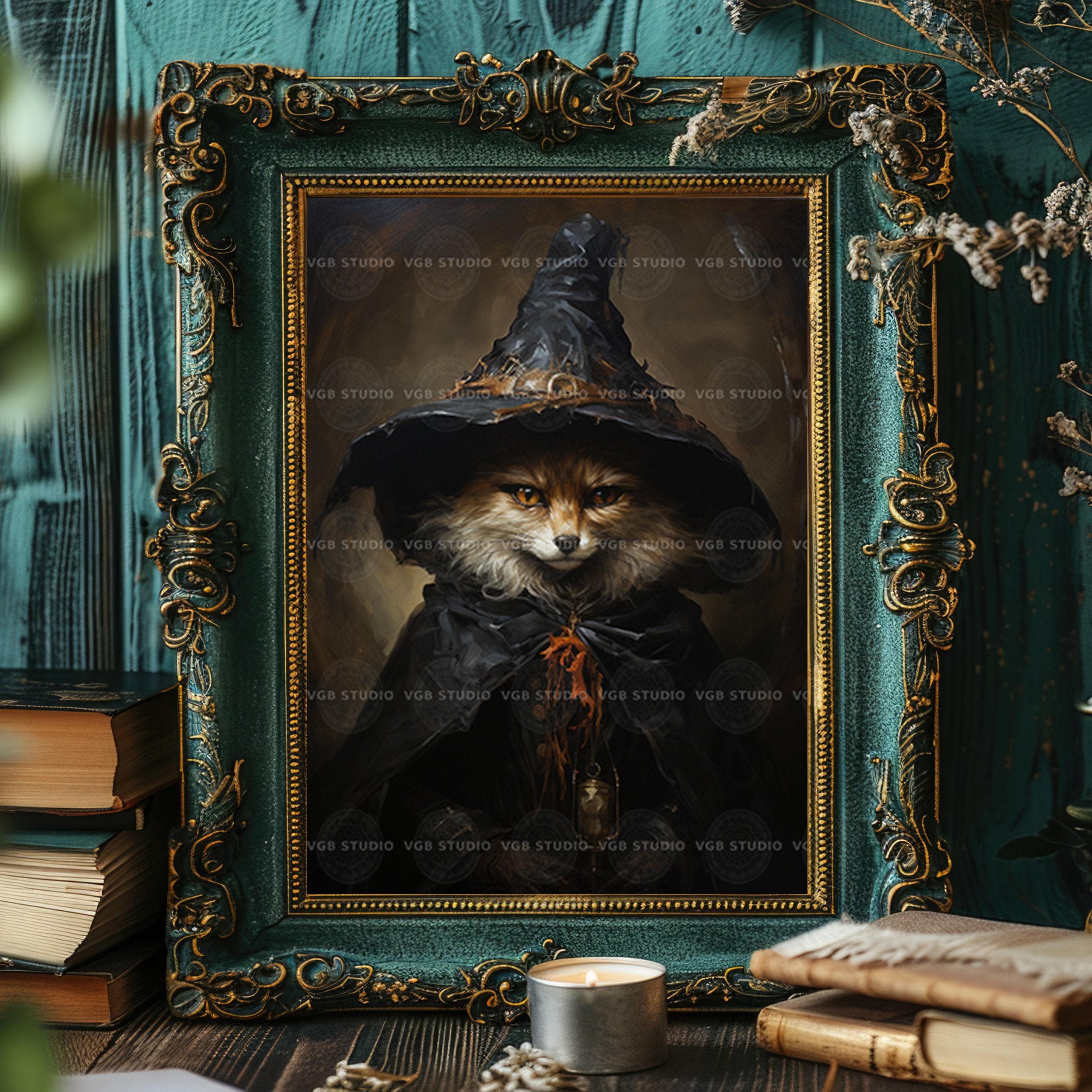 Fox Witch Art Print Autumn Forest Animal in Cloak Dark Woodland
