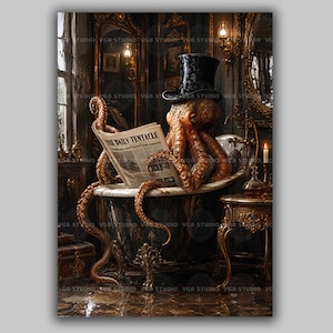 Quadro decorativo para banheiro com polvo, cavalheiro de cartola lendo jornal na banheira, divertido, estilo vitoriano, com animal marinho, decoração náutica peculiar para quarto AM59