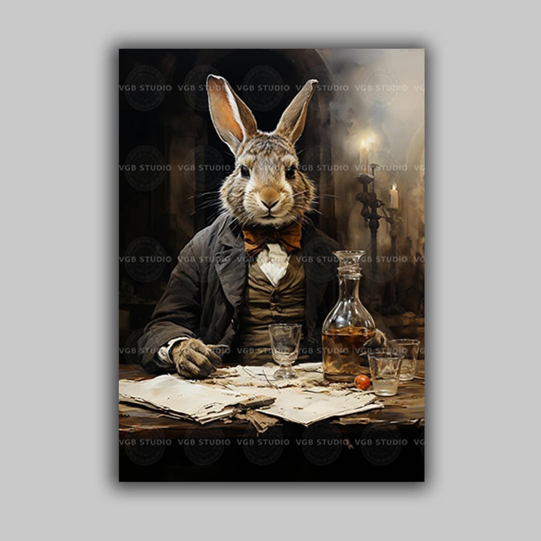 Rabbit Gentleman Wall Art Print Whiskey Dark Academia Study Victorian ...