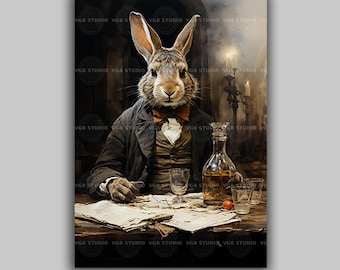 Victorian Rabbit Art Print Dapper Gentleman Bunny in Suit with Whiskey Whimsical Animal Portrait for Dark Academia or Vintage Bar Decor D18