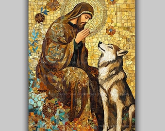 Saint Francis of Assisi Wall Art Print, Wolf Lover Gift, Catholic Artwork, Christian Mosaic, Religious Iconography, Prayer Room Decor AP16