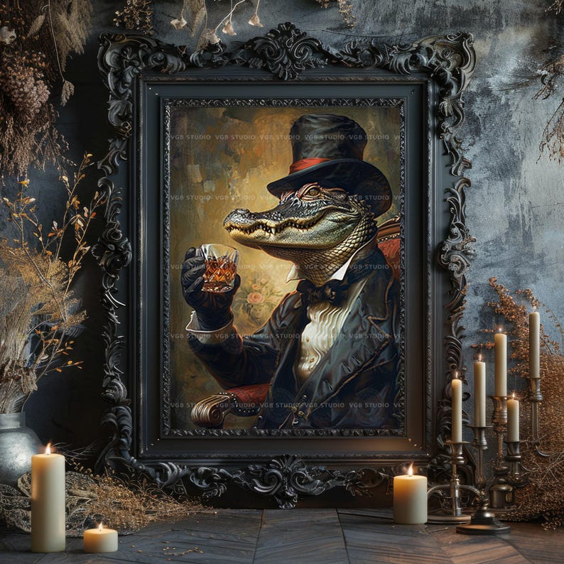 Alligator-Whisky-Wandbild, viktorianisches Tiermotiv, Dark-Academia-Poster, Speakeasy-Dekoration, Luxusgeschenk für Männer, Krokodilgemälde t25 Bild 6
