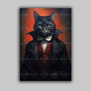 Vampire Cat Wall Art Gothic Black Cat Portrait Dark Academia Decor Whimsical Halloween Print Victorian Pet Dracula Costume Illustration E48