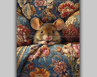 Cute Mouse Art Print Whimsical Animal Wall Decor Cottagecore Mice Illustration Floral Tapestry Style Woodland Creature Country Home Art y11