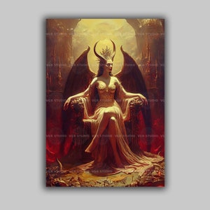 Lilith Sitting Throne Devil Print, Demon Baroque Dark Art, Occult Poster, Gothic Female Demon, Witchcraft, Witch Print, Wiccan Art, J65