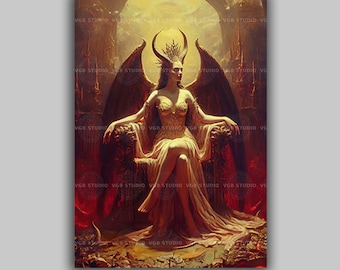 Lilith Sitting Throne Devil Print, Demon Baroque Dark Art, Occult Poster, Gothic Female Demon, Witchcraft, Witch Print, Wiccan Art, J65