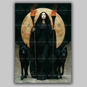 Hecate Witch Goddess Art Print Greek Mythology Pagan Decor Triple Moon Priestess Occult Wall Art Dark Feminine Wolves Torches Gift AG72