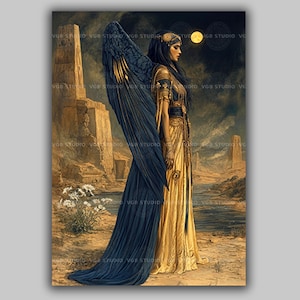 Nephthys Art Print Egyptian Goddess of Night Myth Wall Art Winged Deity Underworld Decor Ancient Priestess Figure Dark Mystic Print AG25