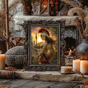 Athena Minerva Goddess Art Print Warrior Goddess Greek Mythology Wall Decor Golden Armor Shield Spear Wisdom Greek Decor Feminine Gift z21 image 4