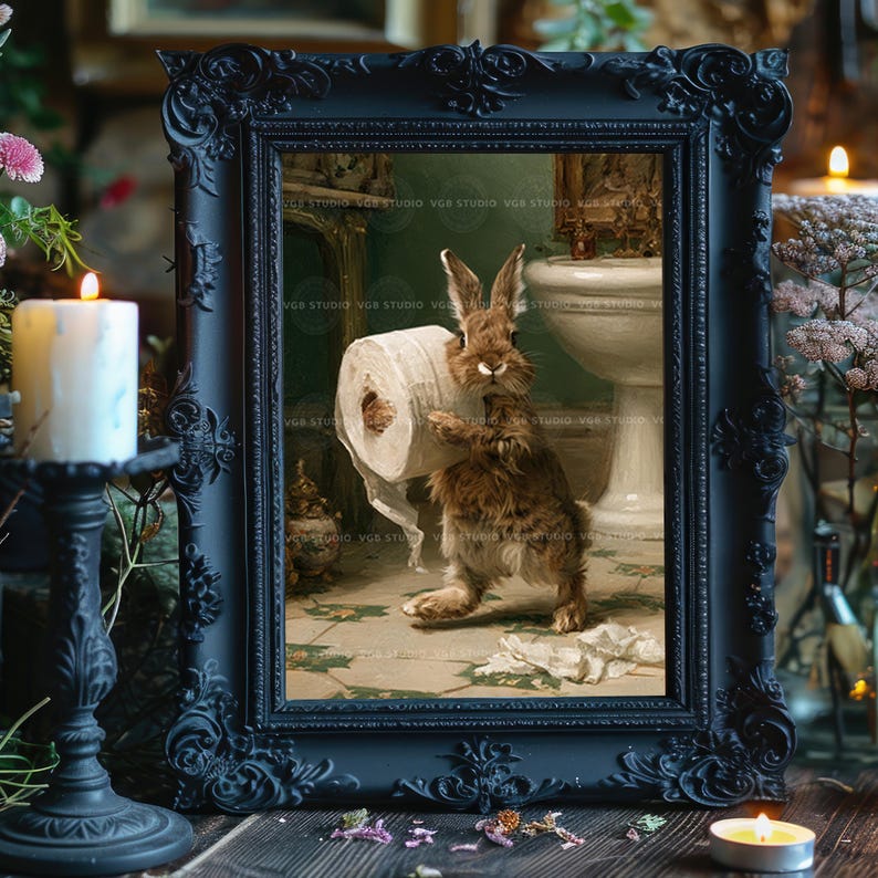 May include: A framed wall art print featuring a brown rabbit standing on a tiled floor, holding a roll of white toilet paper. The frame is ornate, matte black, and rectangular. The scene depicts a bathroom setting with a white pedestal sink.