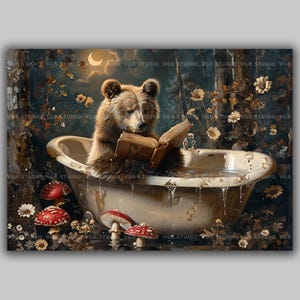 グリズリーベアバス マジカルフォレスト ビクトリア朝風バスタブ、バスルームファンタジーファインアートプリント、動物バブルバス バロック絵画 ウォールアート Q10