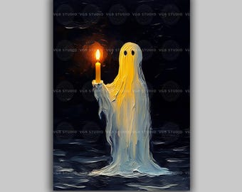 Cute Ghost Wall Art Holding Candle Print Whimsical Halloween Decor Ghostcore Aesthetic Creepy Cute Spirit Painting Moody Spooky Poster e32