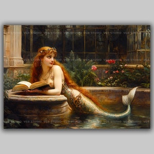 Mermaid Reading Art Print Romantic Fantasy Wall Decor Mythical Sea Woman in Garden Pool Pre-Raphaelite Style Oceanic Siren Poster s52