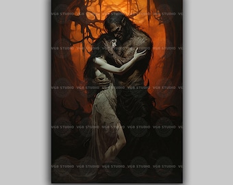 Werewolf and Woman Dark Fantasy Art Print Gothic Monster Romance in Fiery Forest Mythical Creature Wall Art Gothic Love Fantasy Couple J20