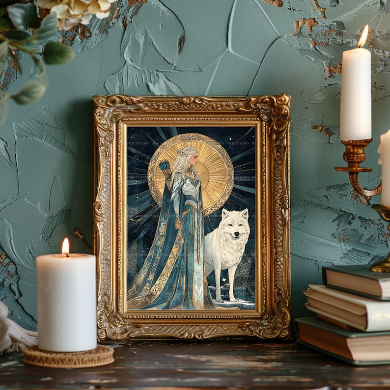 Skadi Goddess Art Print | Norse Huntress With White Wolf Art Nouveau ...