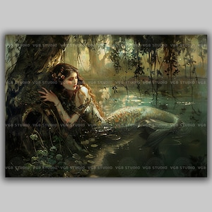 Mermaid Dark Forest Lagoon Painting, Lonely Siren Wall Art, Water Nymph Poster Print, Dark Academia, Gothic Mystical Swamp Portrait M19