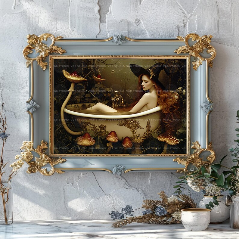 Witch Bathtub Art Print, Redhead Among Giant Toadstools, Sepia Surreal Mushroom Forest, Horizontal Powder Room Decor q12 image 5