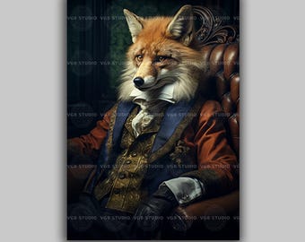 Viktorianischer Rotfuchs Kunst Druck, Elegantes Rotfuchs Portrait, Gentleman Tier im Anzug, Dunkle Academia Bibliothek Dekor, Wunderliches Wald Geschenk H72