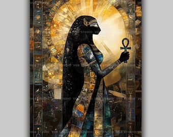 Bastet Bast Egyptian Cat Goddess Wall Art Print, Ancient Egypt Decor, Feline Deity Poster, Kemetic Spiritual Artwork, Pagan Altar Gift AL27