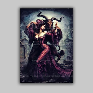 Gothic Demon Dance Art Print Dark Fantasy Woman With Horned Beast Cemetery Occult Wall Decor Macabre Mythology Vampire Witch Artwork H43