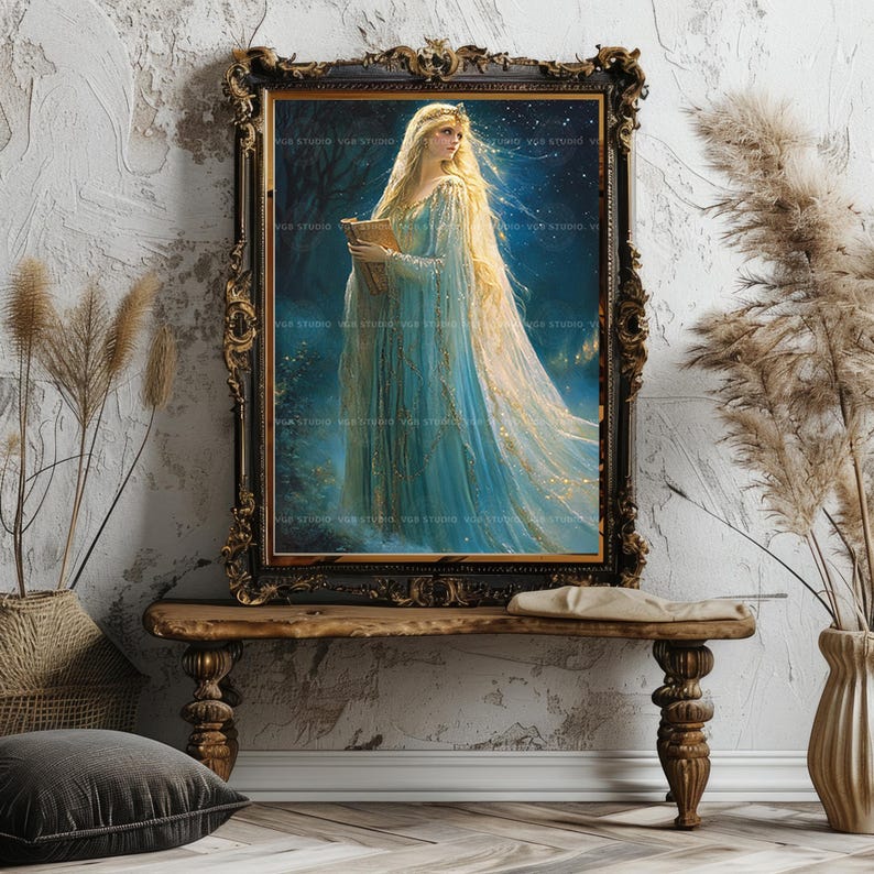 Lady of the Lake Wall Art, Enchanted Sorceress in Blue Gown with Magic Book, Arthurian Fantasy Print, Celestial Witch Home Decor Gift z91 image 8